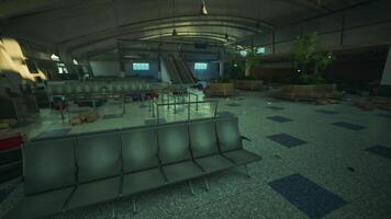 CGI Abandoned airport terminal with empty seating and scattered luggage in disarray video