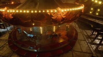 CGI Empty amusement park at night featuring a lit carousel and vacant rides video