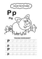 Animal Alphabet Trace and color Letter P Pig vector