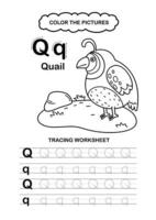 Animal Alphabet Trace and color Letter Q Quail vector