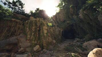 CGI Exploring a lush cave entrance in Indonesia during golden hour sun video