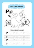 Illustration Isolated Animal Alphabet Trace and color Letter P Pig vector