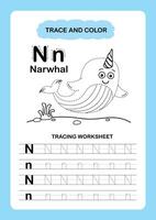Illustration Isolated Animal Alphabet Trace and color Letter N Narwhal vector