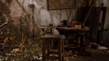 CGI An abandoned room with a rustic wooden stool and scattered items in disarray video