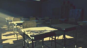 CGI Abandoned school classroom filled with dust and forgotten desks in dim light video