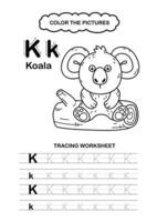 Animal Alphabet Trace and color Letter K Koala vector