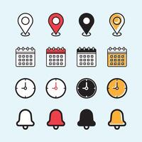 Date, time, address and notification bell icon set. business calendar schedule reminder clock sign and symbols, place pointer map event time isolated colorful vector