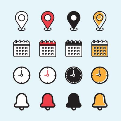 Date, time, address and notification bell icon set. business calendar schedule reminder clock sign and symbols, place pointer map event time isolated colorful