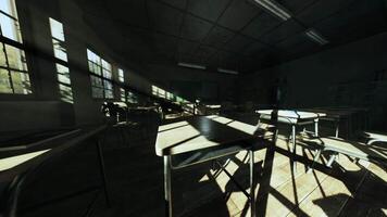 CGI Abandoned school classroom with empty desks and eerie shadows at dusk video