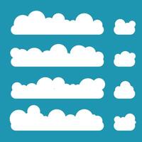 Flat cloud. Simple cloudy shapes. Cartoon white puffy, fluffy and cumulus clouds in blue sky. Abstract comic weather elements vector