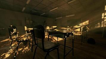 CGI Old abandoned school classroom with wooden desks in warm afternoon light video