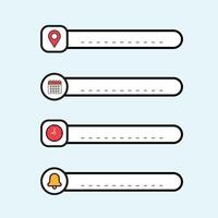 Date, time, address and notification bell icon set. business calendar schedule reminder clock, place pointer map event time elements isolated colorful vector