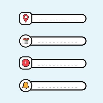 Date, time, address and notification bell icon set. business calendar schedule reminder clock, place pointer map event time elements isolated colorful