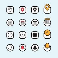 Date, time, address and notification bell icon set. business calendar schedule reminder clock sign and symbols, place pointer map event time elements isolated colorful vector