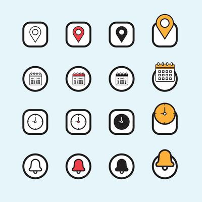 Date, time, address and notification bell icon set. business calendar schedule reminder clock sign and symbols, place pointer map event time elements isolated colorful