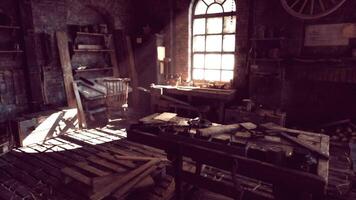 CGI Historic carpentry workshop showcasing vintage tools and warm sunlight video