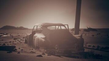 CGI Abandoned vintage car in a desolate landscape at sunset video
