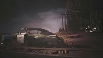 CGI Abandoned vintage car near a rustic cabin on a quiet, dusty road video