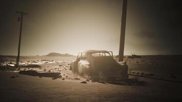 CGI Abandoned car in desolate landscape at sunset near coastal area video