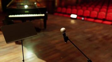 CGI Old opera house stage with grand piano and microphone in an empty auditorium video