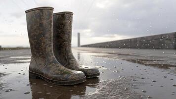 A pair of rubber boots standing in a puddle under rain. photo