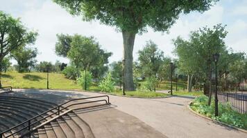 CGI A tranquil park path under sunlight with greenery and trees in the distance video