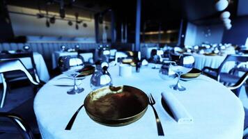 CGI Elegant empty restaurant setting with tables prepared for guests at dusk video