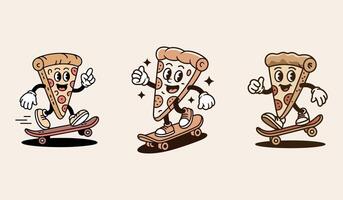 3 Set Of Fun Retro Style Pizza Slice Characters Skateboarding On Plain Background. vector