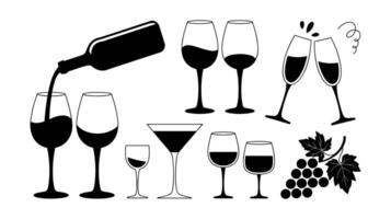 A Set Of Various Bottle Silhouettes In Black And White On White Background. vector