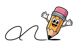 Happy cartoon pencil character drawing a line with smiling expression vector