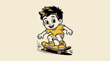 A Cheerful Cartoon Boy Is Depicted Riding A Skateboard In A Dynamic Pose With Solid Background vector
