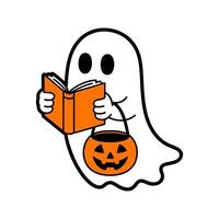 Spooky Ghost Reading a Book with Halloween Pumpkin vector