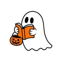A Spooky Ghost Reading a Book with Halloween Pumpkin vector