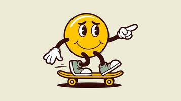 A Smiley Face Character Skates and Points With Solid Background. vector