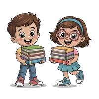 Happy cartoon boy and girl holding stack of books with smiling faces vector