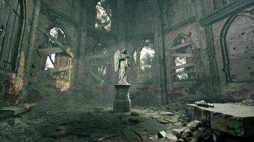 CGI Abandoned chapel with a weathered angel statue surrounded by ruin video