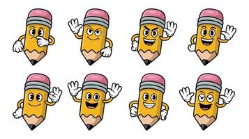 Set of funny cartoon pencil characters with different facial expressions and poses vector