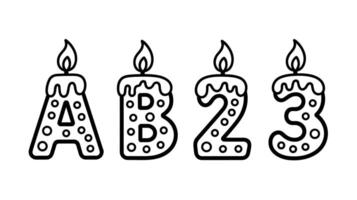 Black and white birthday candles shaped like numbers A, B, 2 and 3. vector