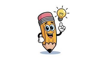 Funny cartoon pencil character with a bright idea and glowing lightbulb vector