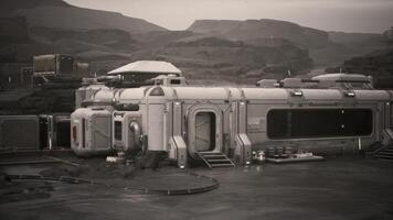 CGI Colonist base established on a distant planet with rugged geological features video