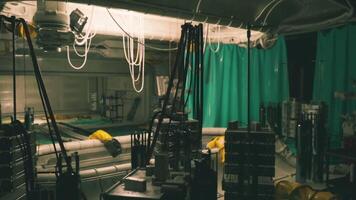 CGI Science laboratory equipment arranged in a secret bunker setting at night video