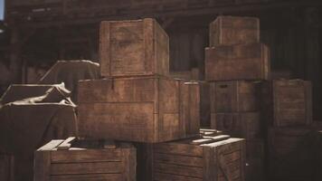CGI Wooden crates stacked in a rustic warehouse during early morning hours video