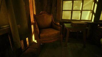 CGI A vintage chair and wooden table in a sunlit room with rustic charm video