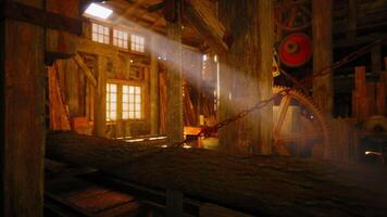 CGI Rustic wooden mill interior with sunlight streaming through windows video