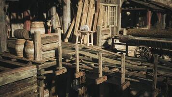 CGI Rustic wooden dock with barrels and lumber in a historical village setting video