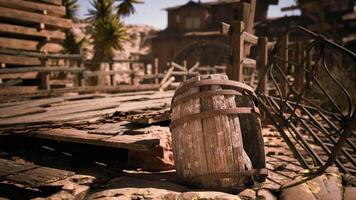 CGI Abandoned wooden barrel near dilapidated buildings in a western landscape video