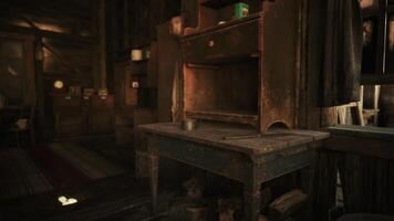 CGI Weathered wooden table and cabinet in a rustic interior setting at dusk video