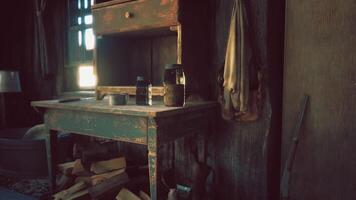 CGI Rustic wooden table with jars and tools in a dimly lit cabin setting video
