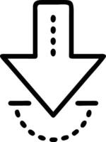 A downward arrow with dotted lines and a semi circle below it in a simple line drawing style icon vector