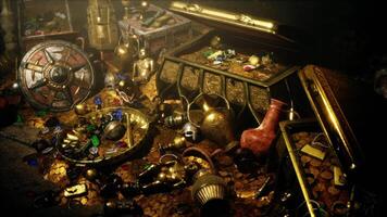 CGI Golden treasures uncovered in a hidden dungeon at midnight video
